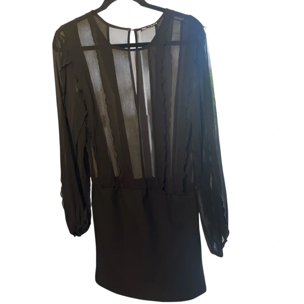 Zara Short Ruffle Dress, Sheer Black Long Sleeve, Parties, Dance, Cocktails, M - Picture 7 of 13